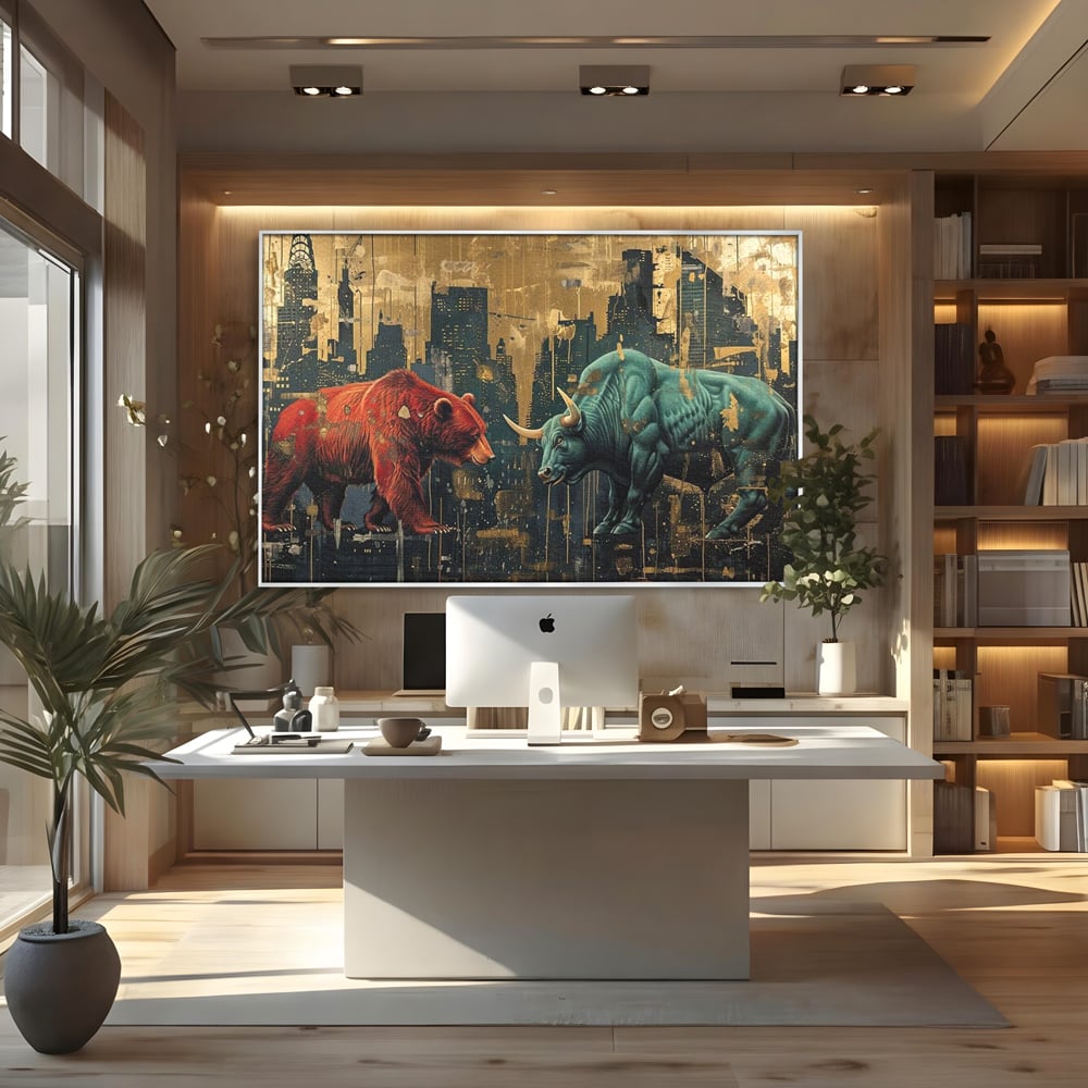 Tablou canvas cu tablou canvas cu taur si urs, in rama de aluminiu argintiu, pe perete intr-un birou